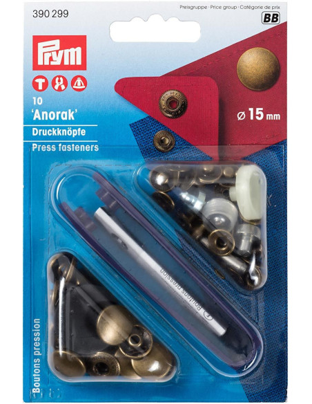Box of 10 brass anorak snap buttons with 15 mm tool
