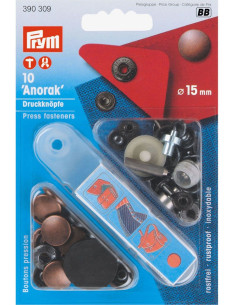 Box of 10 antique copper anorak snap buttons with 15 mm tool