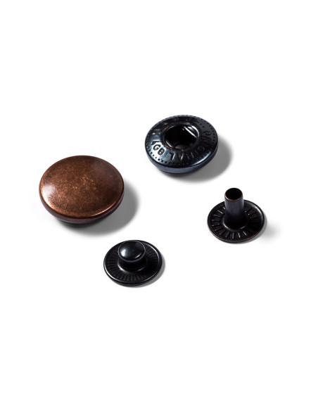 Box of 10 antique copper anorak snap buttons with 15 mm tool
