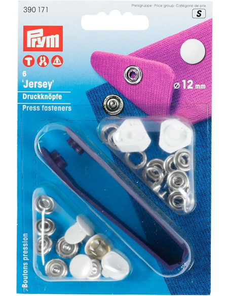 Box of 6 white jersey snap buttons with 12 mm tool