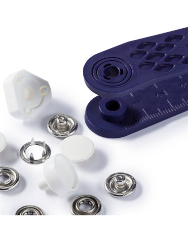 Box of 6 white jersey snap buttons with 12 mm tool