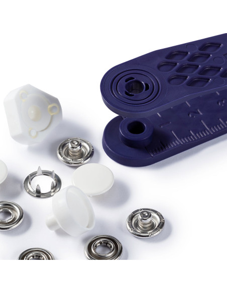 Box of 6 white jersey snap buttons with 12 mm tool
