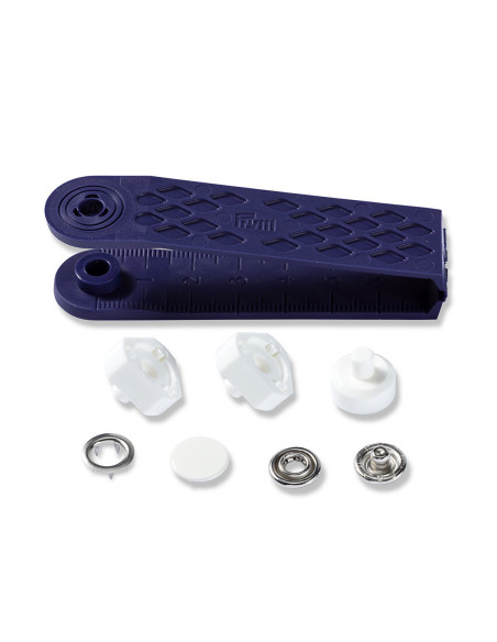 Box of 6 white jersey snap buttons with 12 mm tool