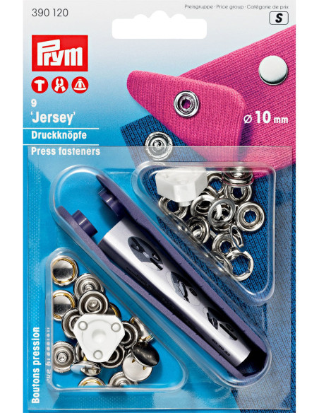 Box of 9 nickel jersey snap buttons with 10 mm tool