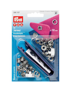 Box of 10 silver jersey snap buttons with 10 mm tool