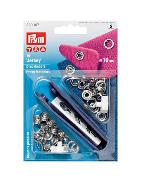 Box of 10 silver jersey snap buttons with 10 mm tool