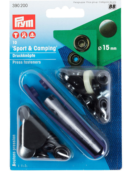 Box of 10 black sports camping snap buttons with 15 mm tool