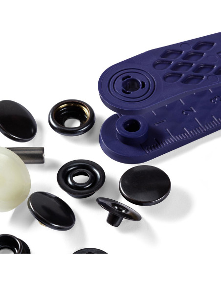 Box of 10 black sports camping snap buttons with 15 mm tool