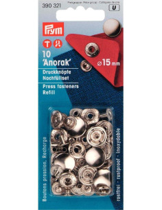 Pack of 10 anorak snap fasteners 15 mm Silver