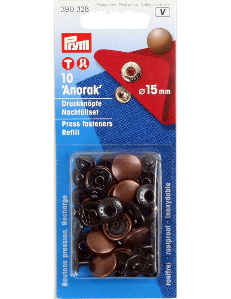 Pack of 10 anorak snap fasteners 15 mm Copper