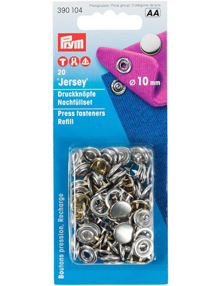 Pack of 20 nickel jersey snap fasteners, 10 mm