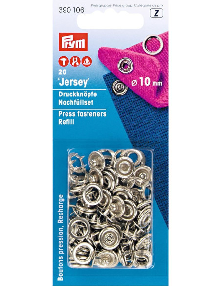 Pack of 20 silver 10 mm jersey snap fasteners