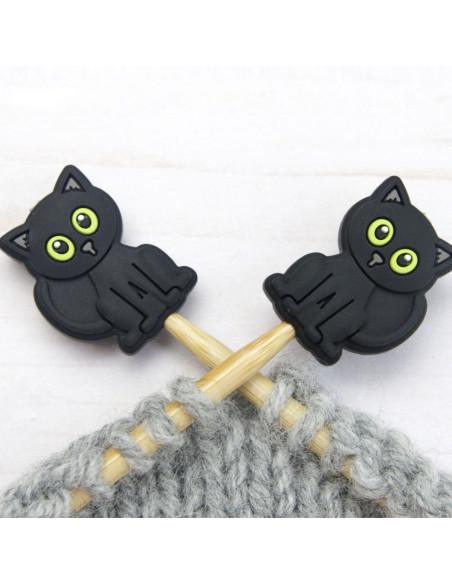 Black cat stitch stoppers for knitting needles