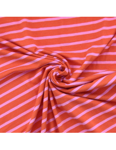 Breton striped jersey fabric - Tangerine and candy
