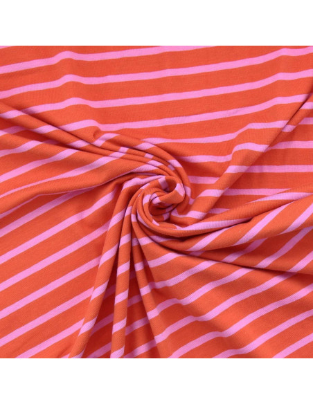 Breton striped jersey fabric - Tangerine and candy