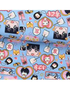 Cotton poplin fabric - In love blue and pink