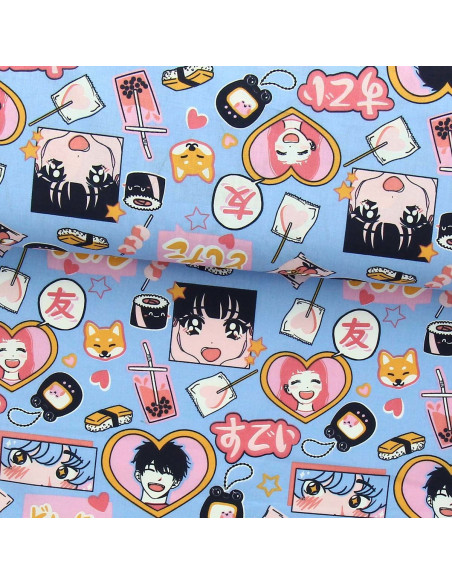Cotton poplin fabric - In love blue and pink