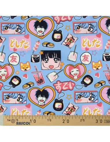 Cotton poplin fabric - In love blue and pink