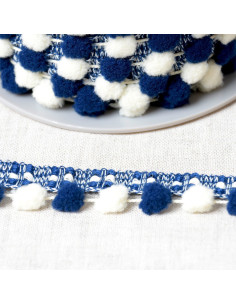 Two-tone large pompom trim - Navy blue and ecru