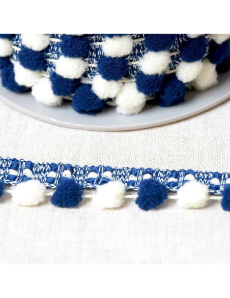 Two-tone large pompom trim - Navy blue and ecru