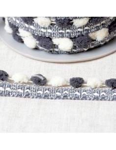 Bicolor large pompom trim - Gray and ecru