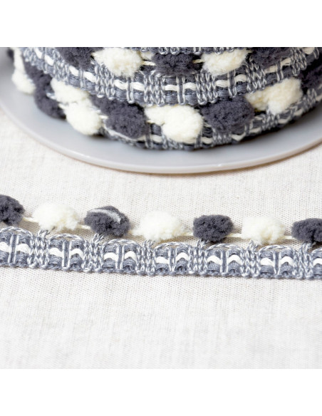 Bicolor large pompom trim - Gray and ecru