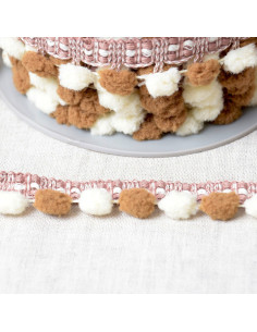 Two-tone large pompom trim - Brown and ecru