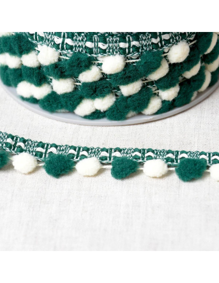 Bicolor large pompom trim - Green and ecru