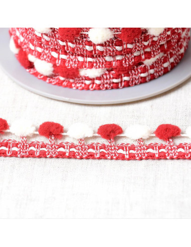 Bicolor large pompom trim - Red and ecru
