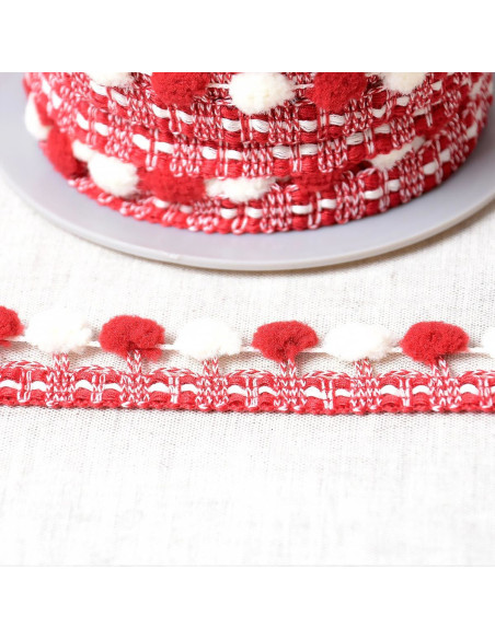 Bicolor large pompom trim - Red and ecru