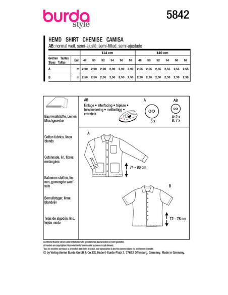 Jacket and shirt pattern - Burda 5842