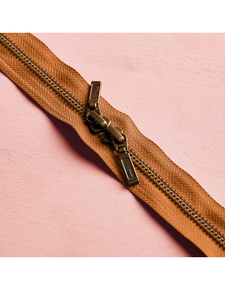 Double slider zipper Brass and Pecan pie 40 cm - Atelier Brunette