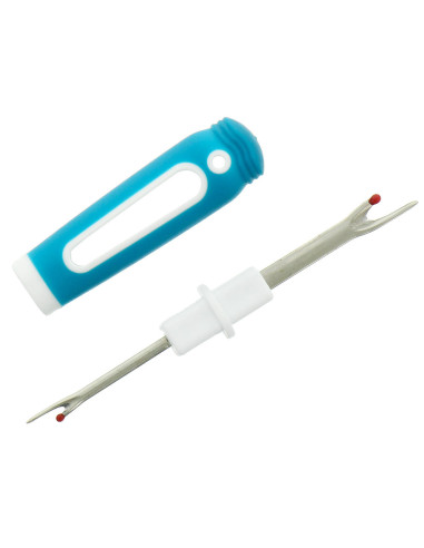 Double seam ripper with cap and thread remover eraser