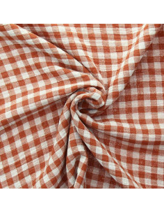 Crinkled double gauze fabric gingham - Cognac and off-white