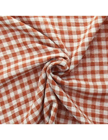 Crinkled double gauze fabric gingham - Cognac and off-white