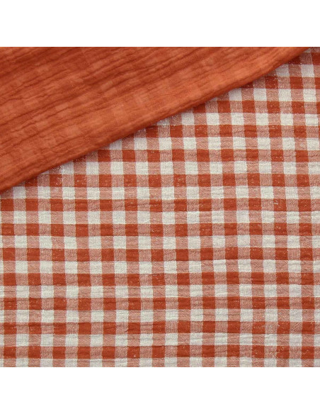 Crinkled double gauze fabric gingham - Cognac and off-white