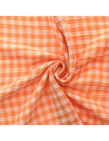 Waffle double gauze fabric gingham - Clementine and off-white