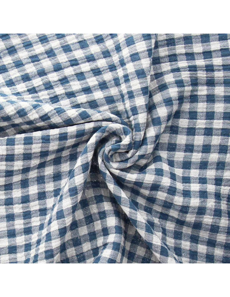 Crinkled double gauze fabric gingham - Blue stone and off-white