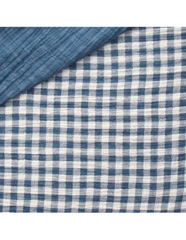 Crinkled double gauze fabric gingham - Blue stone and off-white