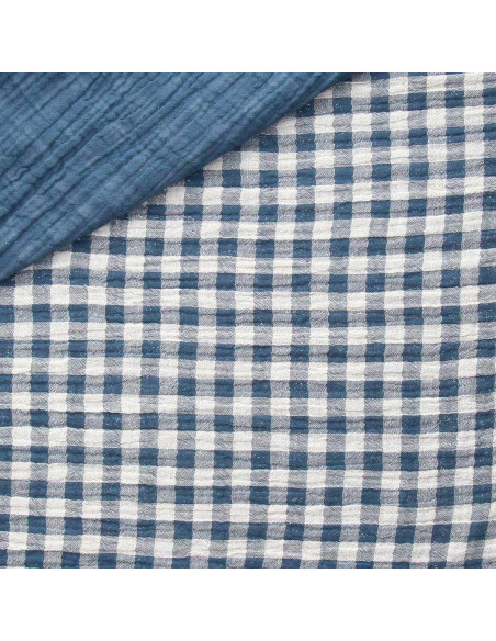 Crinkled double gauze fabric gingham - Blue stone and off-white