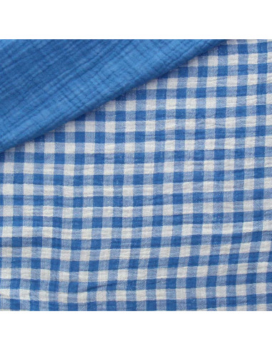 Waffle double gauze fabric gingham - Azure and off-white