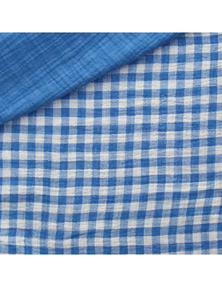 Waffle double gauze fabric gingham - Azure and off-white