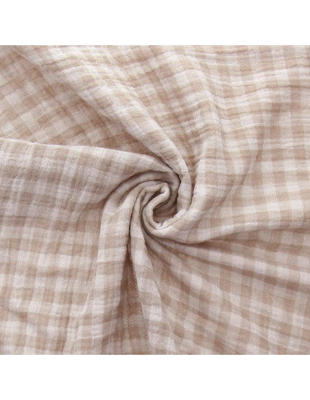 Waffle double gauze fabric gingham - Pebble and off-white