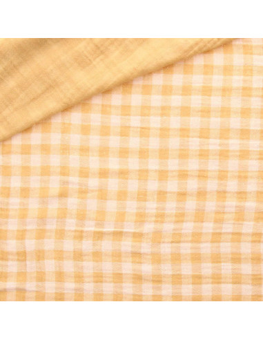 Crinkled double gauze fabric gingham - Wheat and off-white