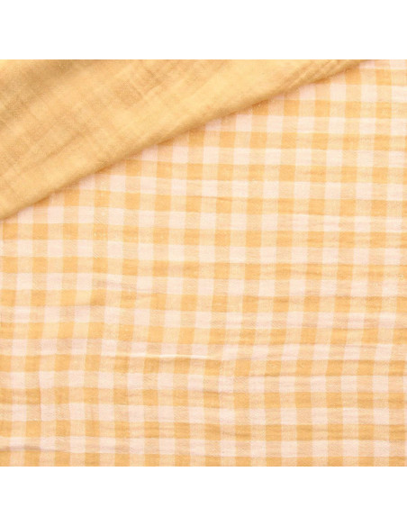 Crinkled double gauze fabric gingham - Wheat and off-white
