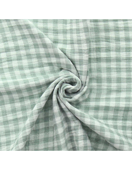 Crinkled double gauze fabric gingham - Verdigris and off-white