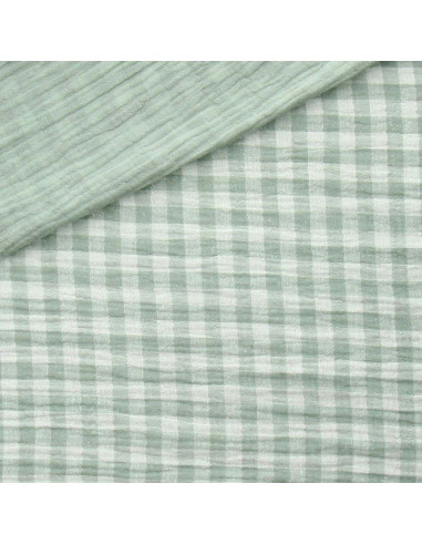 Crinkled double gauze fabric gingham - Verdigris and off-white