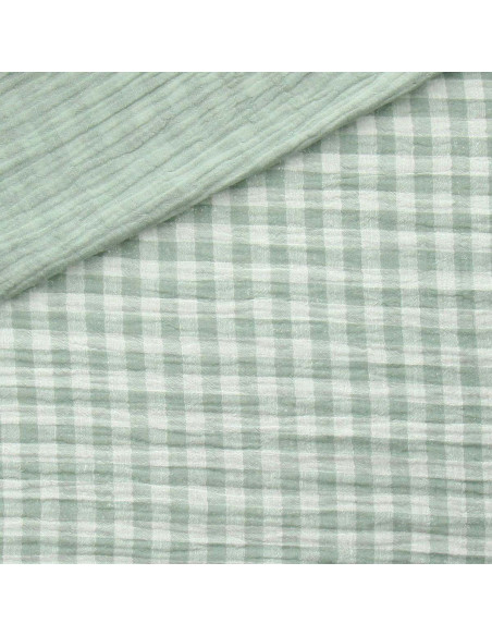 Crinkled double gauze fabric gingham - Verdigris and off-white