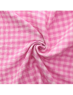 Crinkled double gauze fabric gingham - Candy and off-white