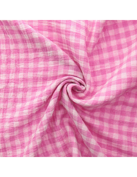 Crinkled double gauze fabric gingham - Candy and off-white